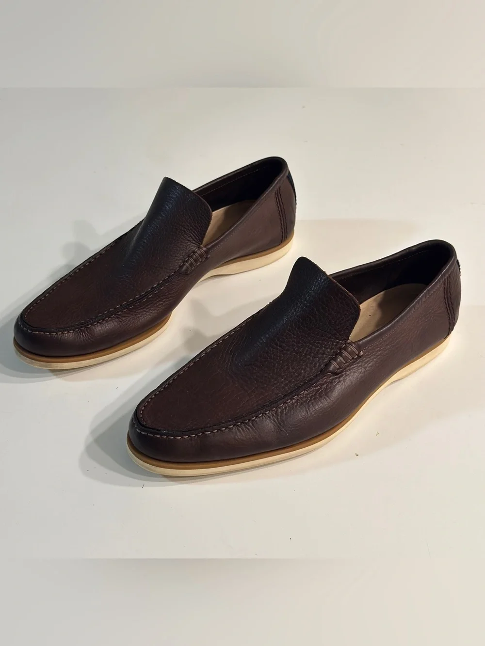 Gucci Mens Brown Pebbled Leather Loafers Web Stripe Heel Driver Shoes Size 10.5